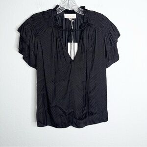 Caballero Top XS Women Anthropologie Blouse Satin Black Kelsie Dot Ruffled B5